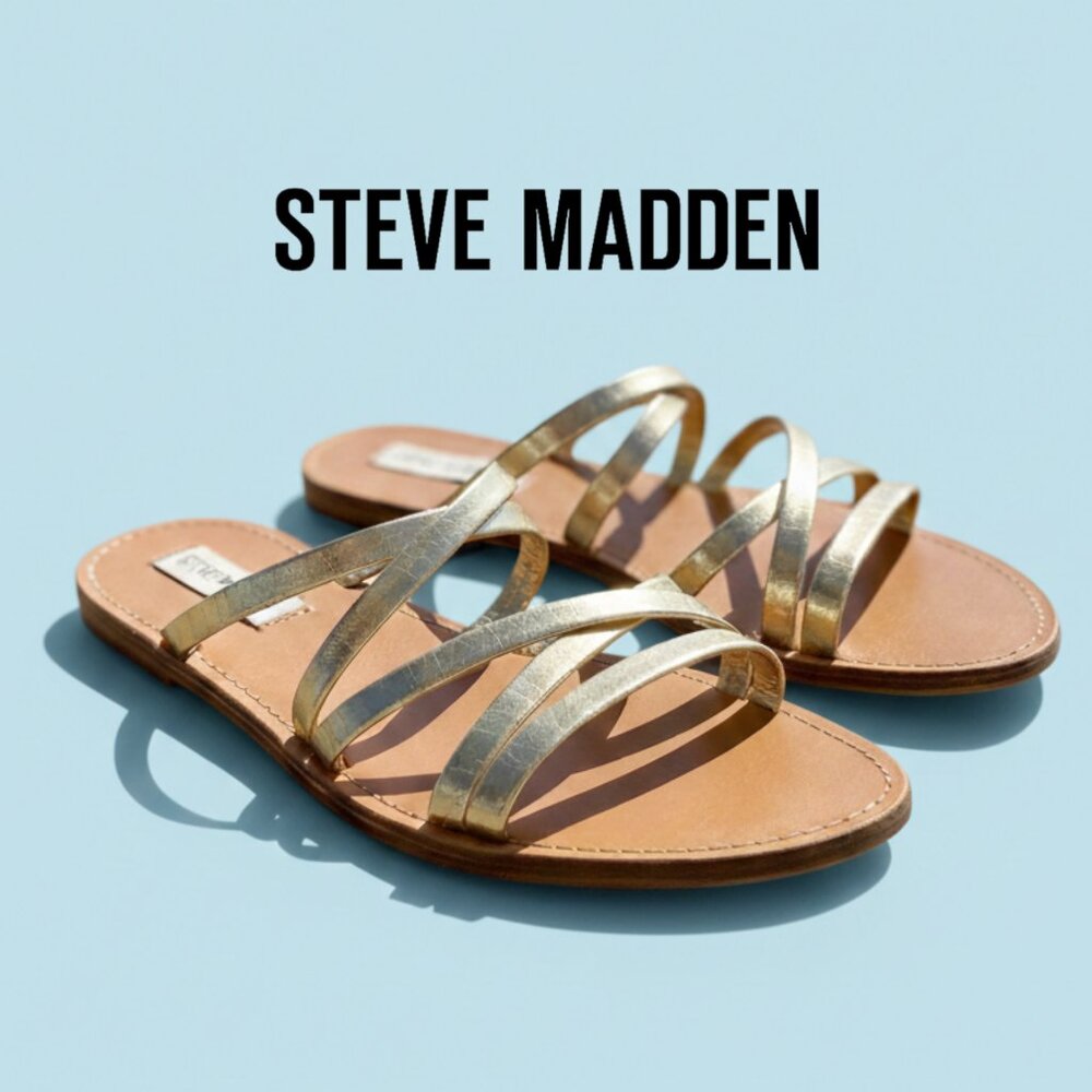 Steve Madden Posyyly Gold Metallic Multi Strap Criss Cross Flat Sandals Size 8